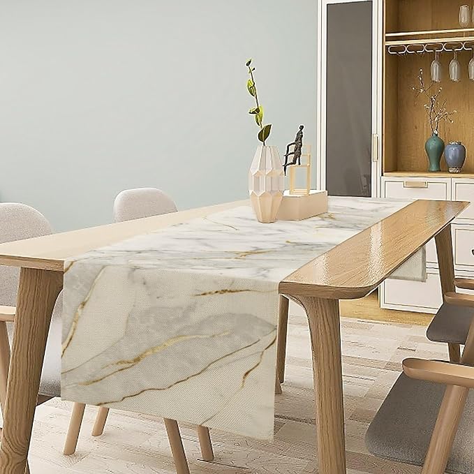 Marble Table Runner, Gold Striated White Modern Marble Accent Table Runner for Kitchen Dining Cafe Home Party Decor, 13x120 Inch