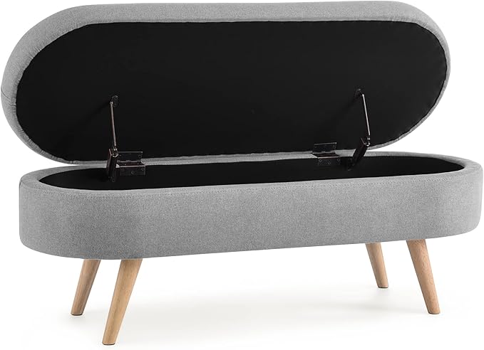 Upholstered Storage Ottoman, Entryway Bench with Rubber Wood Legs for Living Room,Bedroom, Grey