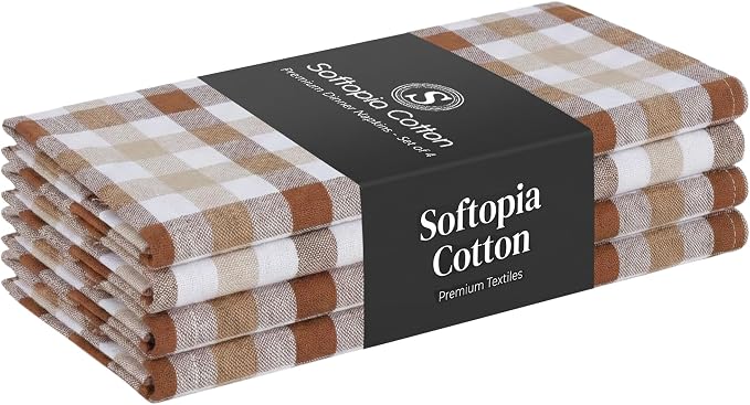 Gingham Check Napkins 4 Pack, 18x18 Inches, Reusable Table Linens, Washable Cloth Dinner Napkins for Rustic Dining, Celebrations, Stylish and Functional - Brown, White, Beige