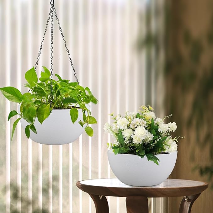 Meowell 12 inch Large Hanging Planters for Indoor Outdoor Plants, 2 Pack Hanging Flower Pots with Drainage Holes and Chain for Garden Porch, Plastic Hanging Baskets for House Plants, White