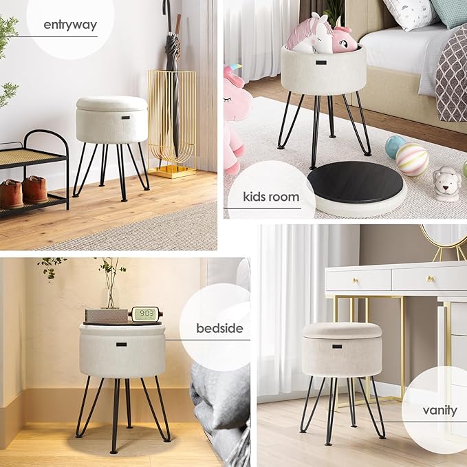Round Ottoman with Storage, Textured Velvet Storage Ottoman, Foot Stool Ottomans, Makeup Vanity Stool, Small Ottomans Foot Rest, Modern Vanity Stools for Living Room and Bedroom, Cream
