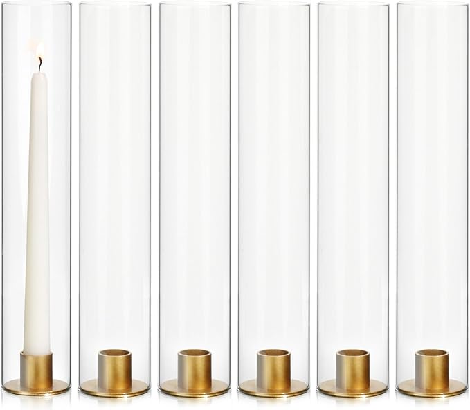 Vixdonos Glass Hurricane Candle Holder with Metal Candle Stand Set of 6 Modern Taper Candlestick Holders 11.8 inch Tall Candleholder for Wedding Party Table Centerpiece Outdoor