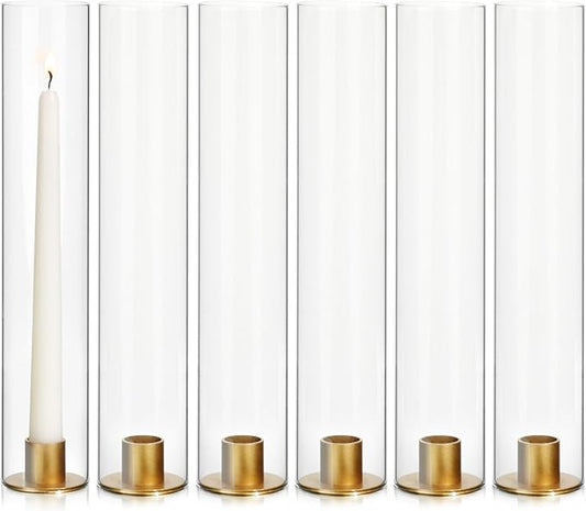 Vixdonos Glass Hurricane Candle Holder with Metal Candle Stand Set of 6 Modern Taper Candlestick Holders 11.8 inch Tall Candleholder for Wedding Party Table Centerpiece Outdoor