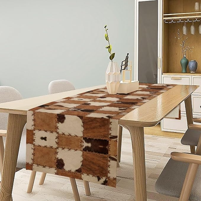 Western Style Cowhide Table Runner,Leather Animal Hair Vintage Splicing Grid Pattern Table Runner for Coffee Table Dining Room Table Bedroom Party Holiday Decor 13x36inch