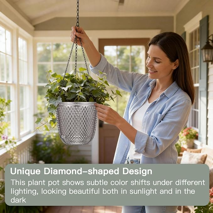 QCQHDU Hanging Planters for Indoor Plants, 2-Pack, 7.2 Inch, Gray | Plastic, Self Watering Plant Hanger, with Drainage Holes, 3 Hooks Chains, For Garden Home