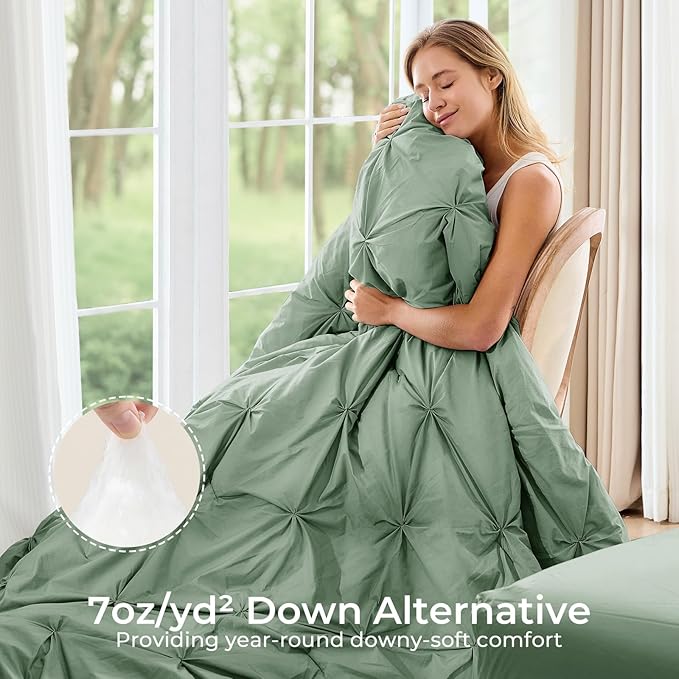Sasttie Queen Comforter Set, 7-Piece Bed in a Bag, Pintuck Bedding Sets for All Season, Includes Comforter, Flat Sheet, Fitted Sheet, Pillowcases and Pillowshams, Sage Green