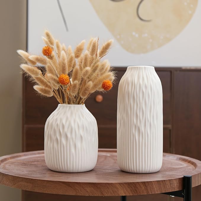 White Ceramic Flower Vase Set of 2, Porcelain Cylindrical Dried Flowers Holder, Decorating for Drawing Room/Table/Study/Office Entryway, Modern Simple Boho Style (White)