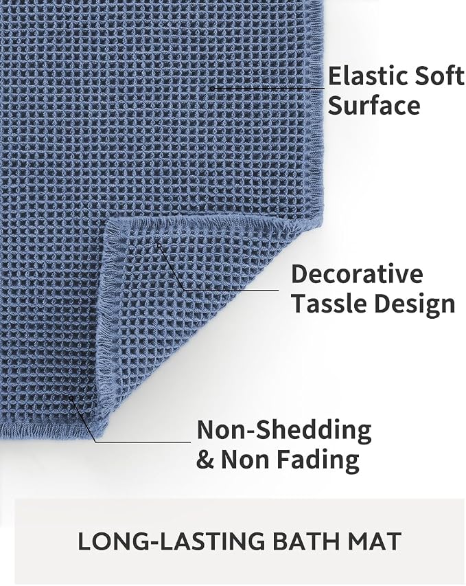 tchdio Waffle Bath Mat, Super Absorbent Non Slip Bath Mats for Bathroom, Ultra Soft Bathmat, Machine Washable, Blue, 17" x 24"