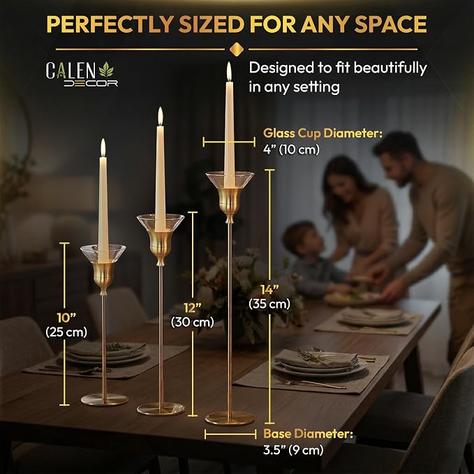 Gold Candlestick Holders Set of 6 with Glass Cups & Silicone Inserts, Tall Metal Taper Candle Holders for Table Centerpiece, Weddings, Romantic Dinners, Events & Modern Home Décor