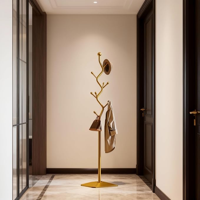Sturdy Metal Coat rack Tree – Anti-Tip Design with 8 Hooks, Perfect for Home, Dorm, or Office Organization (gold)