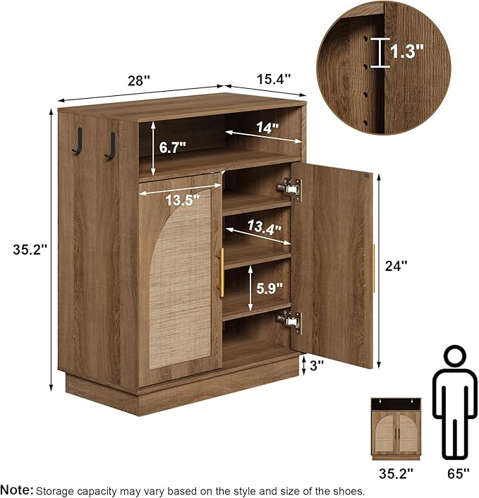 HOKYHOKY Rattan Shoe Storage Cabinet with 2 Arched Doors, 5-Tier Deep Shoe Organizer with Adjustable Shelves, Farmhouse Boho Shoe Rack Cabinet for Entryway,Rustic Oak