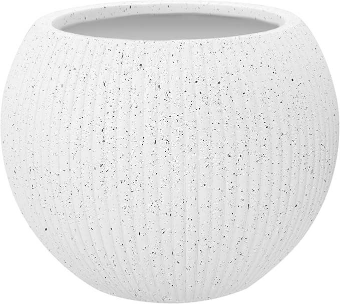 Marlo Fiberstone Round Planter (8.5" Pot Opening x 12..6"D x 9.8"H) Ribbed Finishes, Lightweight, Durable, UV Resistant, Modern Minimalist Home Decor, Indoor Outdoor Pot (S, Ribbed White)