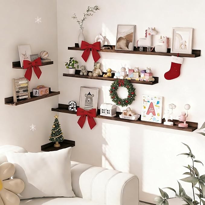 Heimlove Picture Ledge Shelf, Floating Shelves Set of 2, 72 Inches Long Large Picture Shelf for Wall with Ledge, Kids Bookshelf Wall Mounted for Living Room Bedroom Decor Books Photo Frames, Walnut