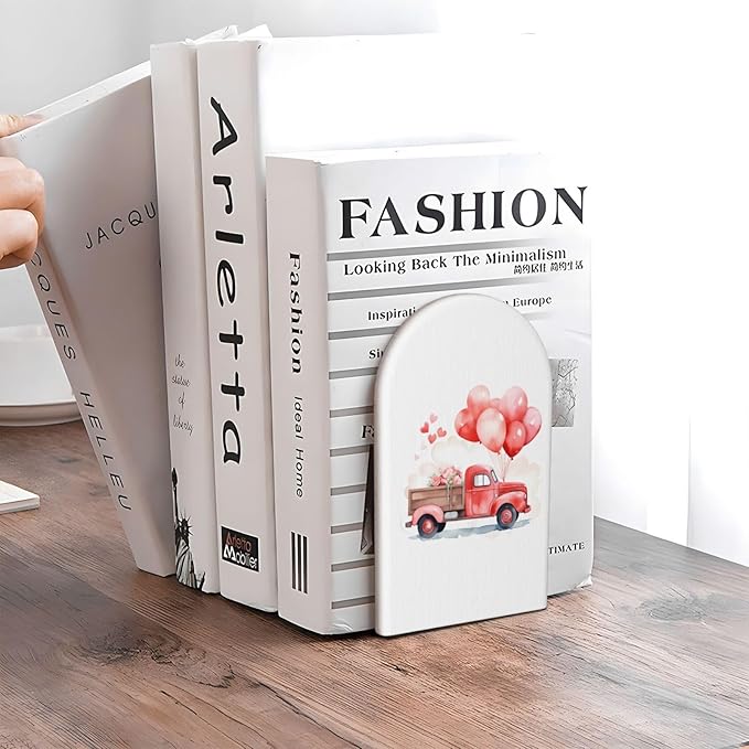 Love Rose Red Turck L-Shaped Book Ends 1 Pair Wood Bookends Valentine's Day Book End Supports for Heavy Book Shelf Holder Home Decorative