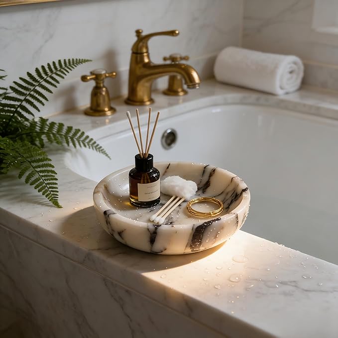 Large Decorative Marble Bowl, 7.87 inches,Natural Stone Round Bowl for Home Decor, Fruit, Nuts, Jewelry tray,Coffee Tables Centerpiece, Soap Serving (Calacatta-Viola white 7.87in)