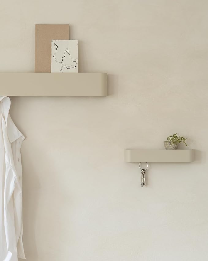 Kazai. Coat Rack Wall Mount with Shelf 'Tone' | Modern Design Coat Hanger with Hidden Hooks and Storage | Hat Rack with Shelf in Metal | Wall-Mounted Purse Organizer | Taupe