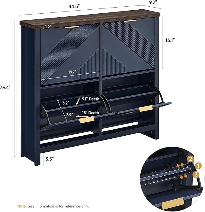 ONBRILL Shoe Cabinet with 4 Flip Drawers, 16-24 Pairs Shoe Organizer with Symmetric Groove Pattern, Freestanding Slim Hidden Shoe Storage Cabinet for Entryway, Hallway (Navy Blue)