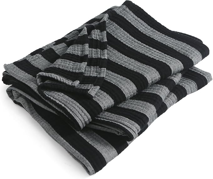 EMME Cotton Muslin Queen Blanket Bed Layering Bedspread Coverlet Breathable Gauze Soft Lightweight Adults (Striped Black, 90"x90")