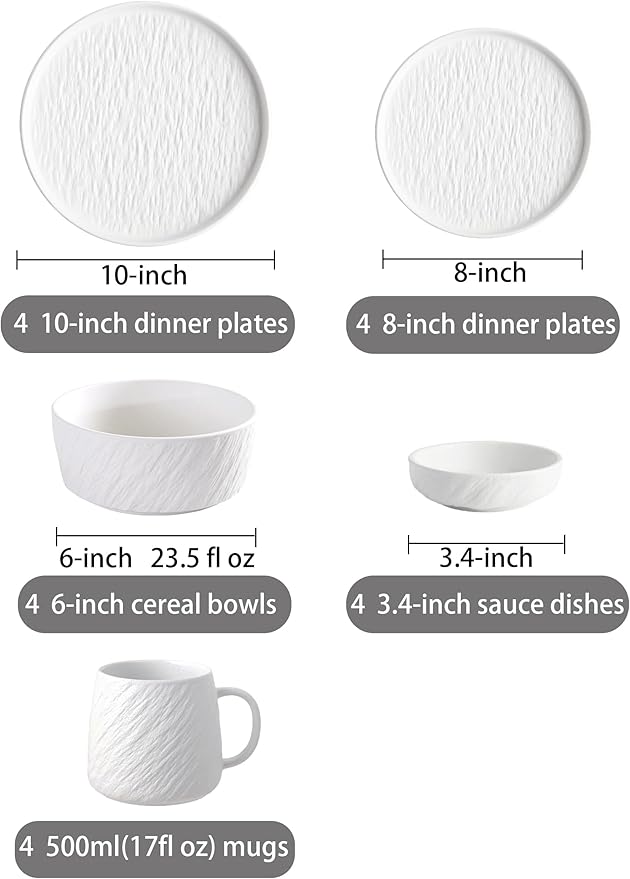 Matte Ceramic Dinnerware set with Mugs for 4, 20 Pieces, Kitchen Plates and Bowls Set Porcelain, Dish set for 4, Dishware Sets Stoneware Dinner Plates Sets Platos de Cocina Vajilla