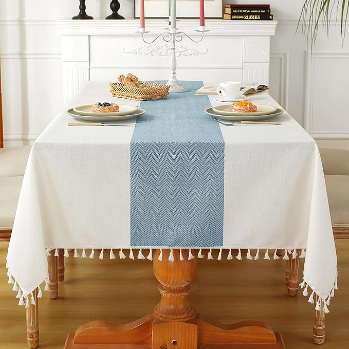 Laolitou Tablecloth for Dining Table Rustic Farmhouse Kitchen Tables Cloth Coffee Tablecover, Cotton Linen Fabric Small Rectangle Table Cloths, Beige, Blue Stripe, 55x55 Inch