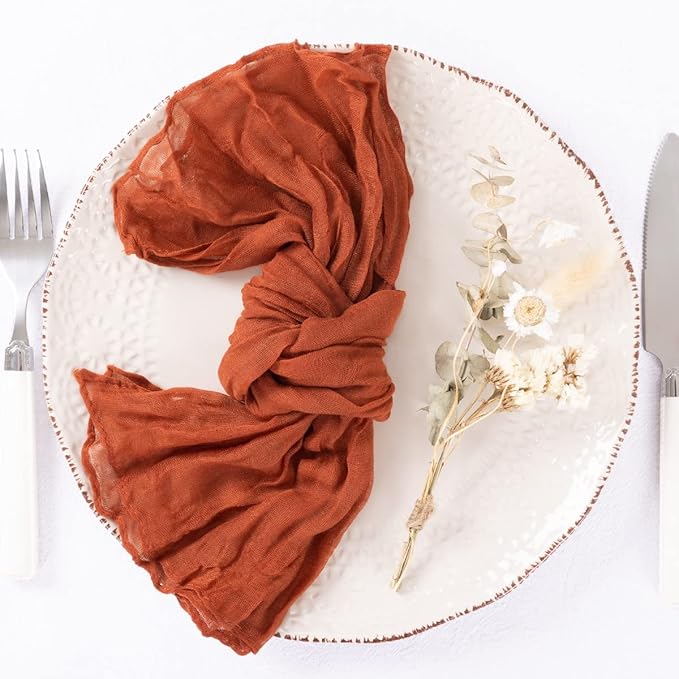 DeZerlor 20 Pack Terracotta Cheesecloth Napkins Burnt Orange Summer Cloth Napkins Set of 20 Dinner Napkins Bulk 21x21 Inches for Wedding Bridal Shower Baby Shower Parties