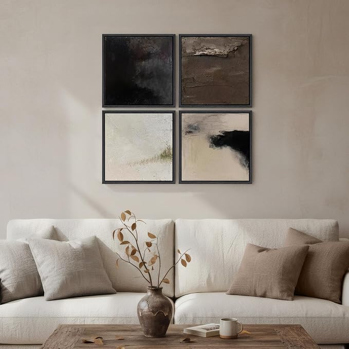Framed Neutral Abstract Wall Art, 4 Piece Modern Minimalist Brown Black Beige Canvas Prints Artwork for Walls, Contemporary Square Earth Tone Wall Decor for Living Room Bedroom Office Entryway, 12x12