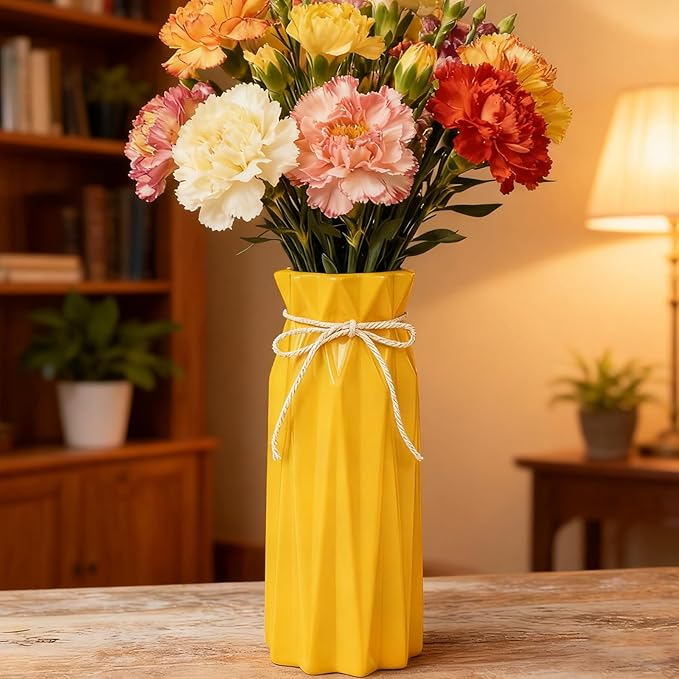 Disoza Ceramic Vase for Home Decor Yellow Modern Flower Vase for Pampas Grass Dried Flowers 9.5" H x 3.9" W Vases for Living Room Decorations Porcelain Tulip Vases for Table Kitchen Decor