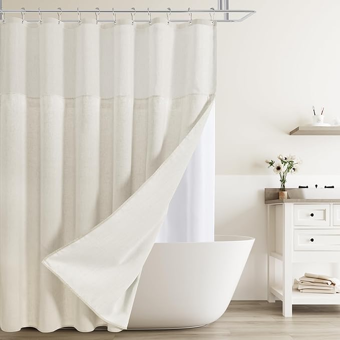 Naturoom Extra Long Shower Curtains 90 Length Natural Linen Fabric Shower Curtain with Snap in Liner Set Tall Bath Curtain with See Through Top Window and Hooks Country Farmhouse Style,Cream,72x90