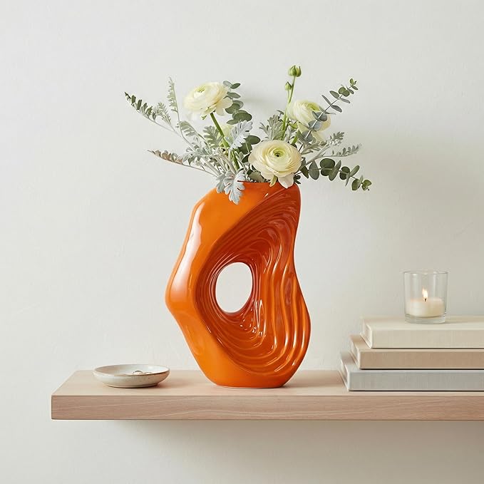 Sunddo Orange Ceramic Vase for Pampas Grass, 11 Inch Donut Modern Vase for Flowers, Nordic Art Decorative Vases for Home Decor, Entryway Table, Fireplace, Mantel, Console Decor