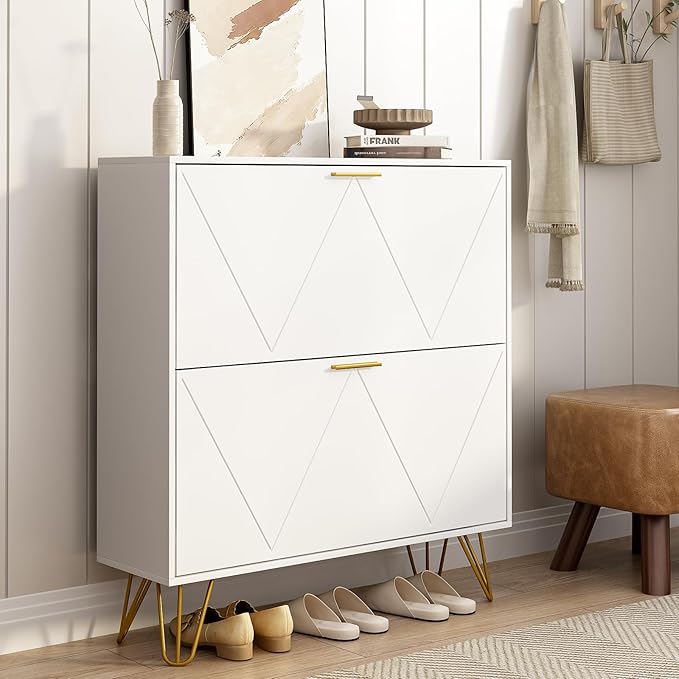 Tradare White Shoe Cabinet Storage for Entryway, Narrow Shoe Cabinet with 2 Flip Drawers,Freestanding Organizer with Fluted Panel for Living Room, Bedroom, Hallway, Closet, Holds 24 Pairs