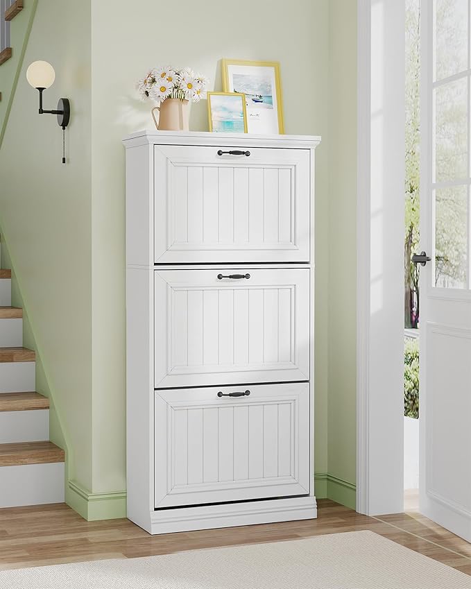 Hzuaneri Shoe Cabinet with 3 Flip Drawers, Freestanding Wood Shoes Storage Organizer with Adjustable Shelves, Hidden Narrow Shoe Cabinet for Entryway Hallway, White, 9.4"D x 24.8"W x 53.3"H, SR60103X