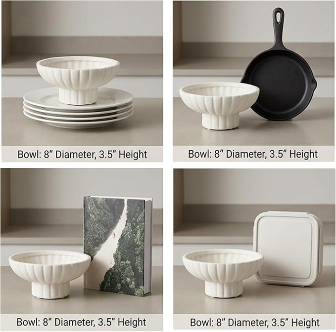 Small Modern Pedestal Decor Fruit Bowl 8" Ceramic,Approx 26 oz Fluted Catch-all Bowl,Footed Home Decorative Bowl for Home Decor,Coffee Table Centerpiece