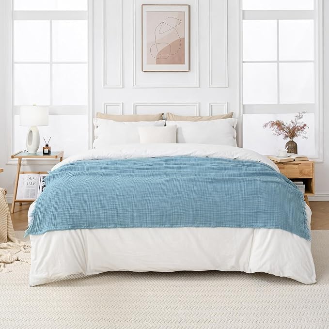 Esterra Muslin Throw Blanket 50x65 Inches Cozy Soft Lightweight Pre-Washed Cotton Blanket, All Season Breathable 4-Layer Gauze Blanket Throw for Sofa Couch Bed, Sky Blue