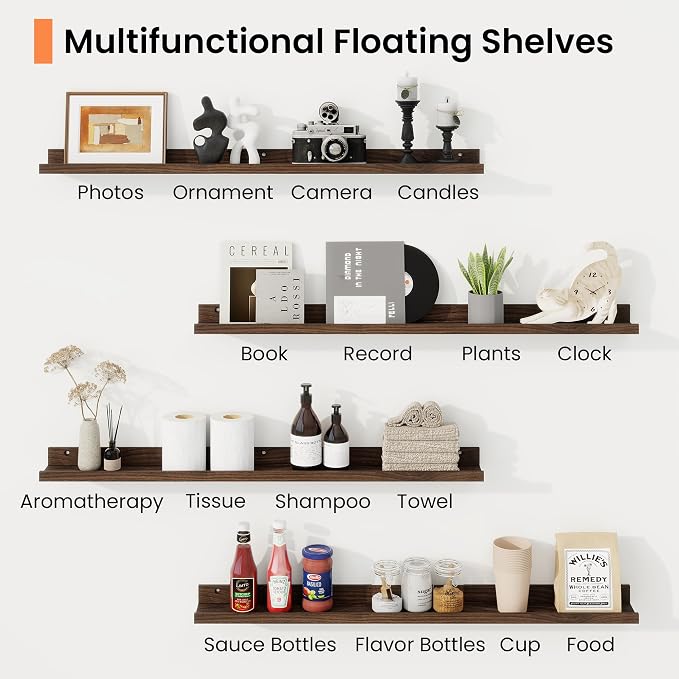 RICHFOCUS Picture Ledge Shelf, 24 inch Floating Shelves Set of 2, Wood Wall Shelves with Lip, Wall Decor Storage for Bedroom Living Room Bathroom Kitchen Nursery Photo Picture, Walnut