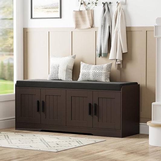 Homleke 2-Tier Storage Bench, Shoe Bench with Thickened Padded Seat Cushion, Entryway Bench with 4 Doors, Adjustable Shelf, 13.8" D x 45.3" W x 18.5" H, for Entryway, Living Room, Bedroom, Brown