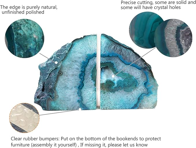 AMOYSTONE Teal Agate Bookends, Decorative Brazilian Crystal Quartz Book Stopper, 3-4 LBS with Non-Slip Mat, Perfect for Kitchen Cookbooks and Bookshelf Ends