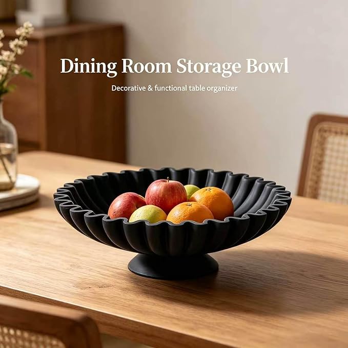 Large Resin Pedestal Decorative Bowl -9.5in Black Decorative Fruit Bowl for Kitchen Counter, Matte Black Bowls, Modern Decorative Centerpiece Bowl for Home Decor, Table Decor, Entryway Key