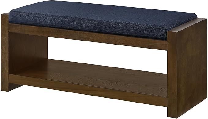 Accent Bench with Lower Shelf Shoe Rack, Padded Seating Bench for Living Room, Modern Compact Bed End Bench with Storage for Bedroom Seating, Removable Cushion (Navy Blue, 40" L)