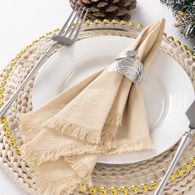 DeZerlor 6 Pack Champagne Cotton Linen Napkins with Fringe Summer Cloth Napkins Set of 6 Boho Handmade Dinner Napkins Bulk for Wedding Bridal Baby Shower Parties, 17 x 17 Inches