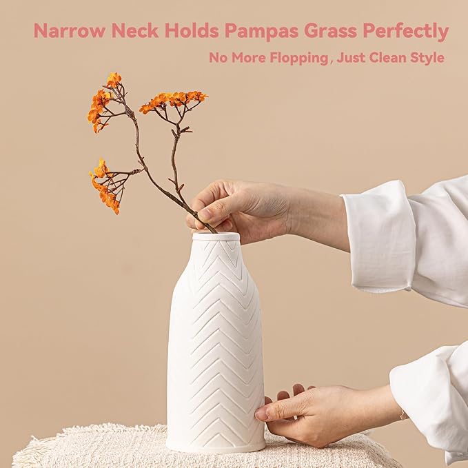 Modern Matte White Ceramic Vase 8.6", Chevron Texture Vase for Pampas Grass, Boho Farmhouse Decor for Living Room Office, Unique Gift for Minimalists & Friends