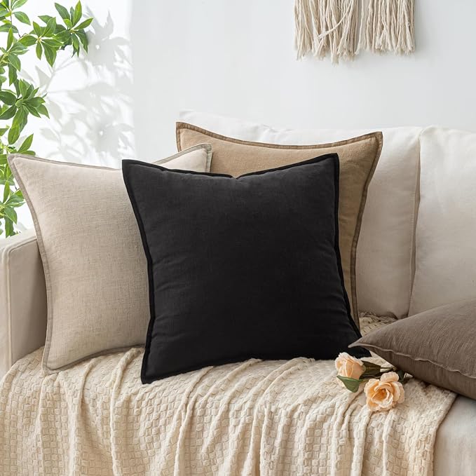 20x20 Inch Set of 2 Decorative Linen Solid Throw Pillow Covers Boho Accent Farmhouse Couch Pillowcases Modern Netural Home Decor for Couch Sofa Living Room Bed,Black