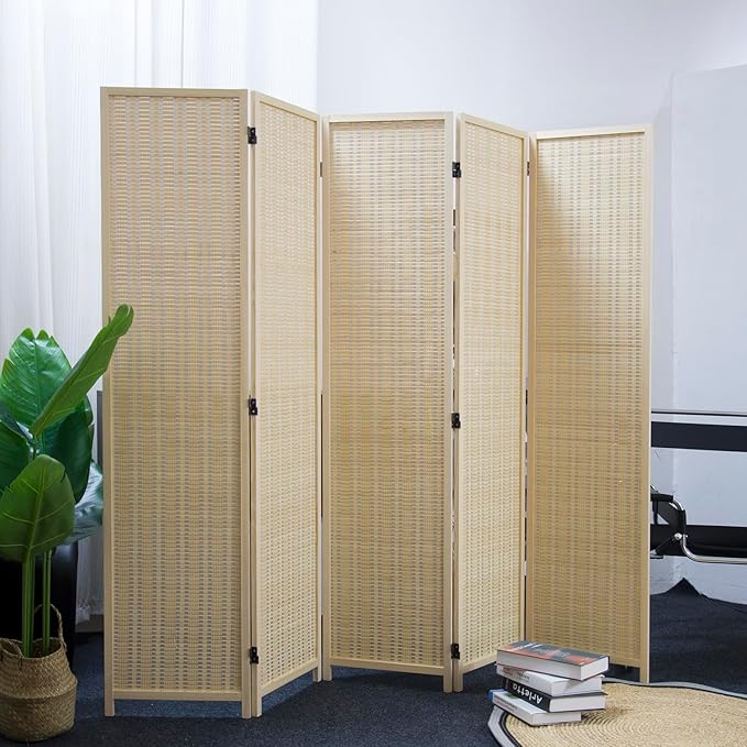 Furnnylane 5 Panel Bamboo Room Divider – 5.6 ft Tall Folding Privacy Screen, Natural Beige Freestanding Room Partition Wall for Home Office (67" x 76.75", 5-Panel)