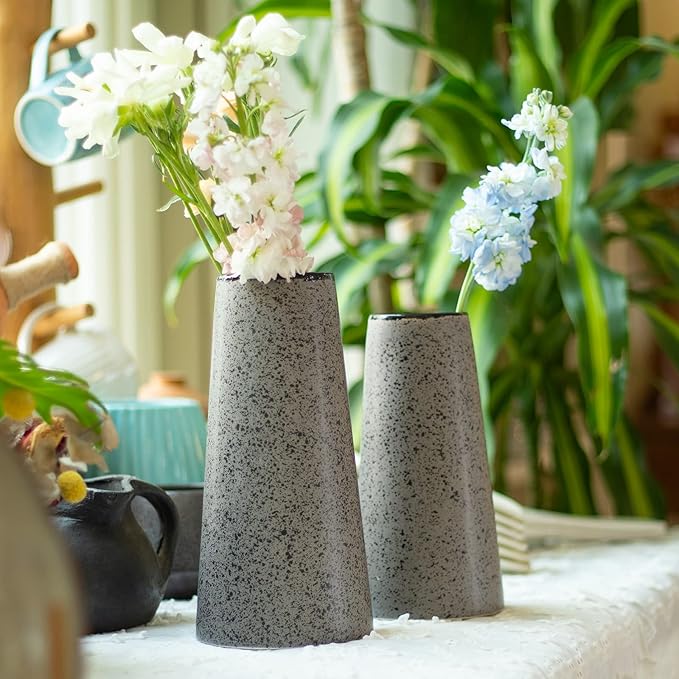 Bdor Ceramic Vase Set of 2, Modern Farmhouse Home Decor, Grey Vase with Polka Dots, Perfect for Dining, Living, Bathroom & Kitchen