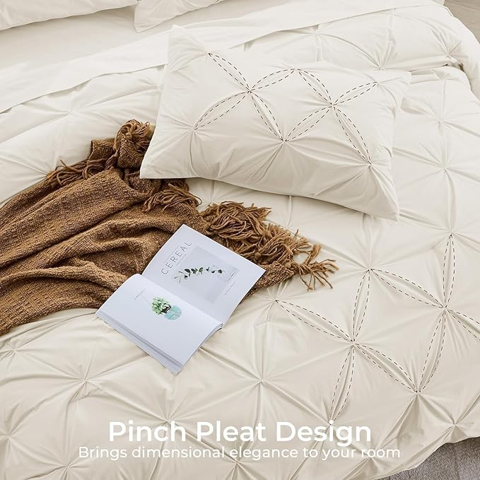 Sasttie Queen Comforter Set, 7-Piece Bed in a Bag, Pintuck Bedding Sets for All Season, Includes Comforter, Flat Sheet, Fitted Sheet, Pillowcases and Pillowshams, Beige