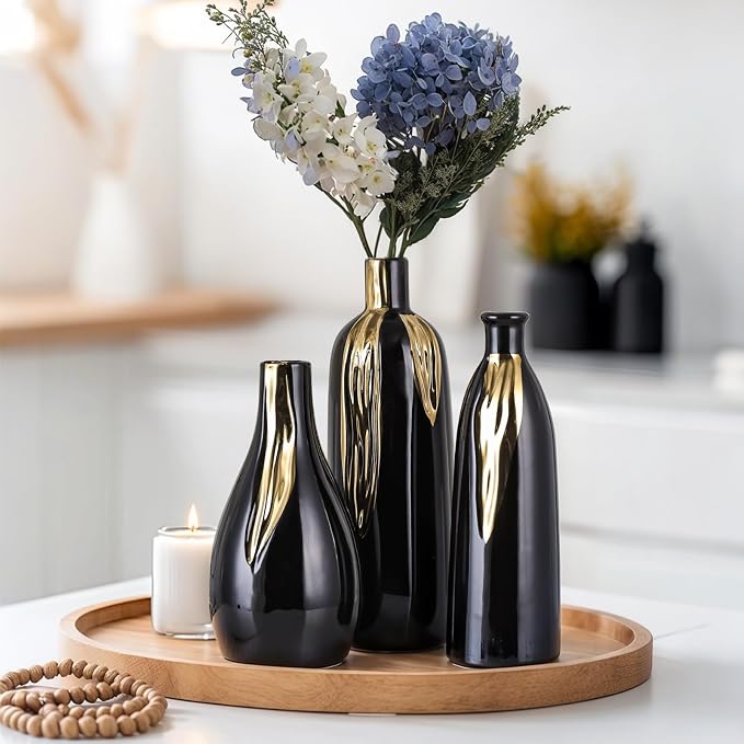 Ceramic Vase 3 Piece Set, Gold and Black Vases for Home Decor, Decorative Vases for Mantel, Shelf and Entryway Decor, Dining Table Centerpieces, Living Rooms, Fireplaces and Kitchen Decor.
