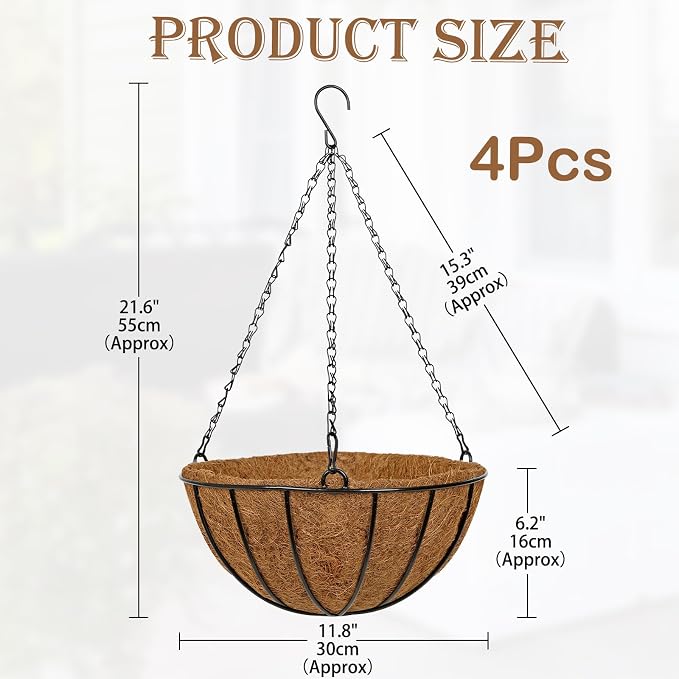 12 Inch Metal Hanging Basket with Coco Coir Liner for Flowers Planting, 4 Pack Hanging Baskets for Plants Outdoor, Round Wire Planters with Chain for Home Patio Porch Balcony Garden Decor