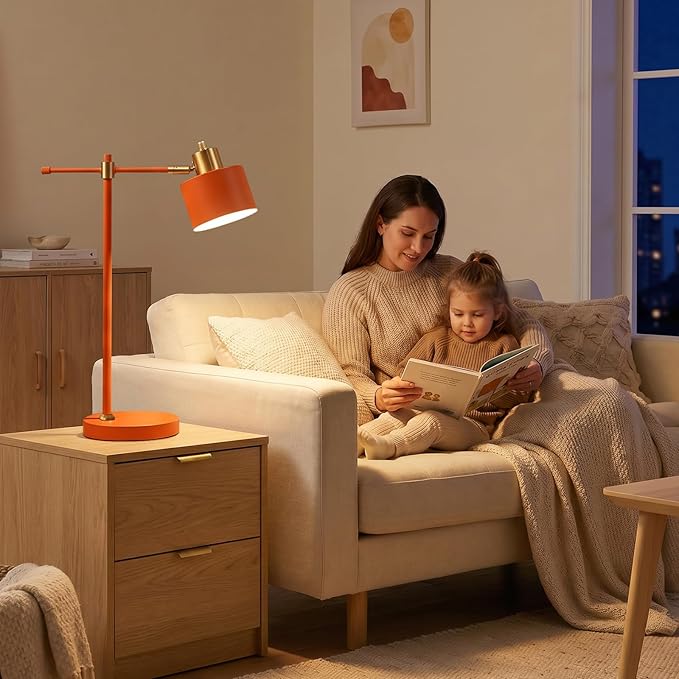 OYEARS 22.2" Modern Desk Lamp, Metal Table Lamp with LED Bulb, Adjustable Reading Lamps for Living Room, Mid Century Task Lamp for Home Office, Industrial Bedside Lamps with Solid Base, Orange