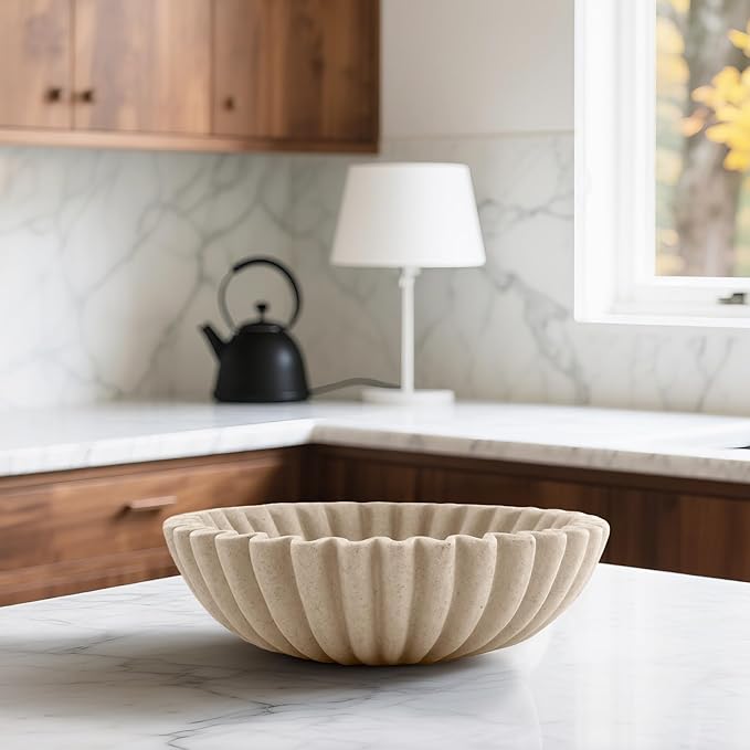 10'' Scalloped Decorative Key Bowl for Entryway Coffee Table - Catchall Trinket Large Candy Fruit Purse Holder Kitchen Countertop Console Modern Home Decor, Artificial Stone Beige