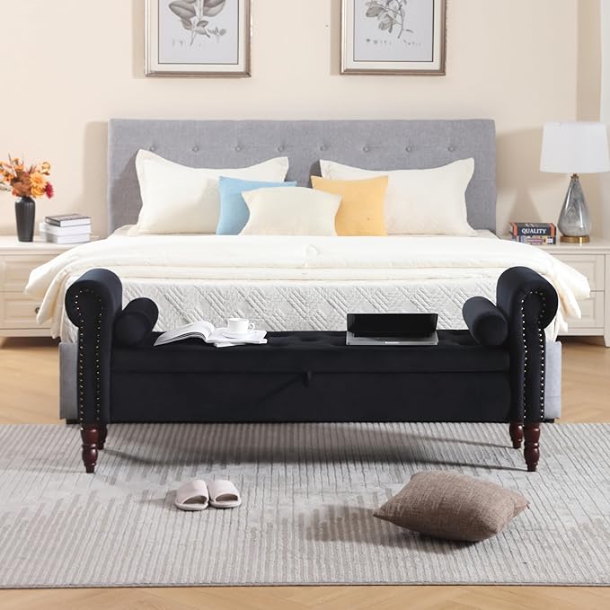 Storage Bench for Bedroom King Size, 67" End of Bed Storage Bench, Upholstered Tufted Storage Ottoman Benches, Velvet Bench with Storage and Arms for Bedroom, Living Room, Entryway, Black