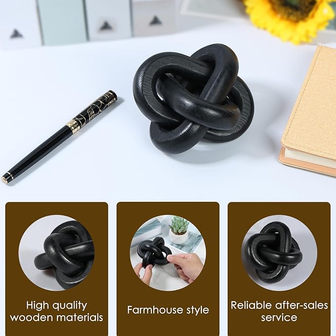 Wood Chain Link Decor 3 Link Wood Knot Decor Wood Knot Art Decorative Wooden Links Knots Rustic Wood Chain Link Decor for Living Room Bedroom Office Decorations (Black)